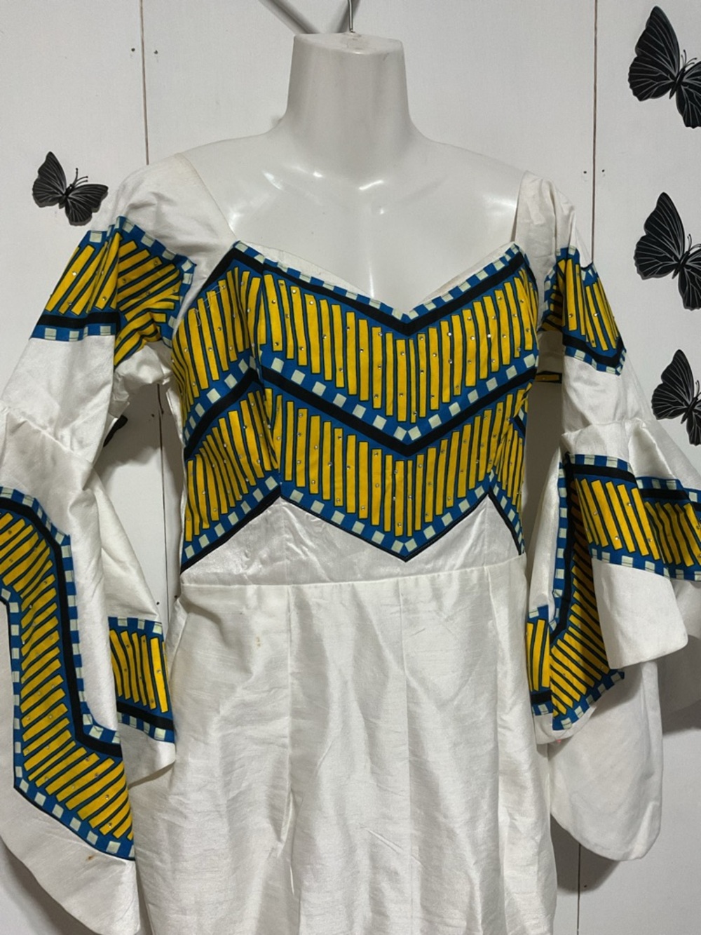 White Maxi Dress with Yellow & Navy Chevron Accents - Picture 3 of 9